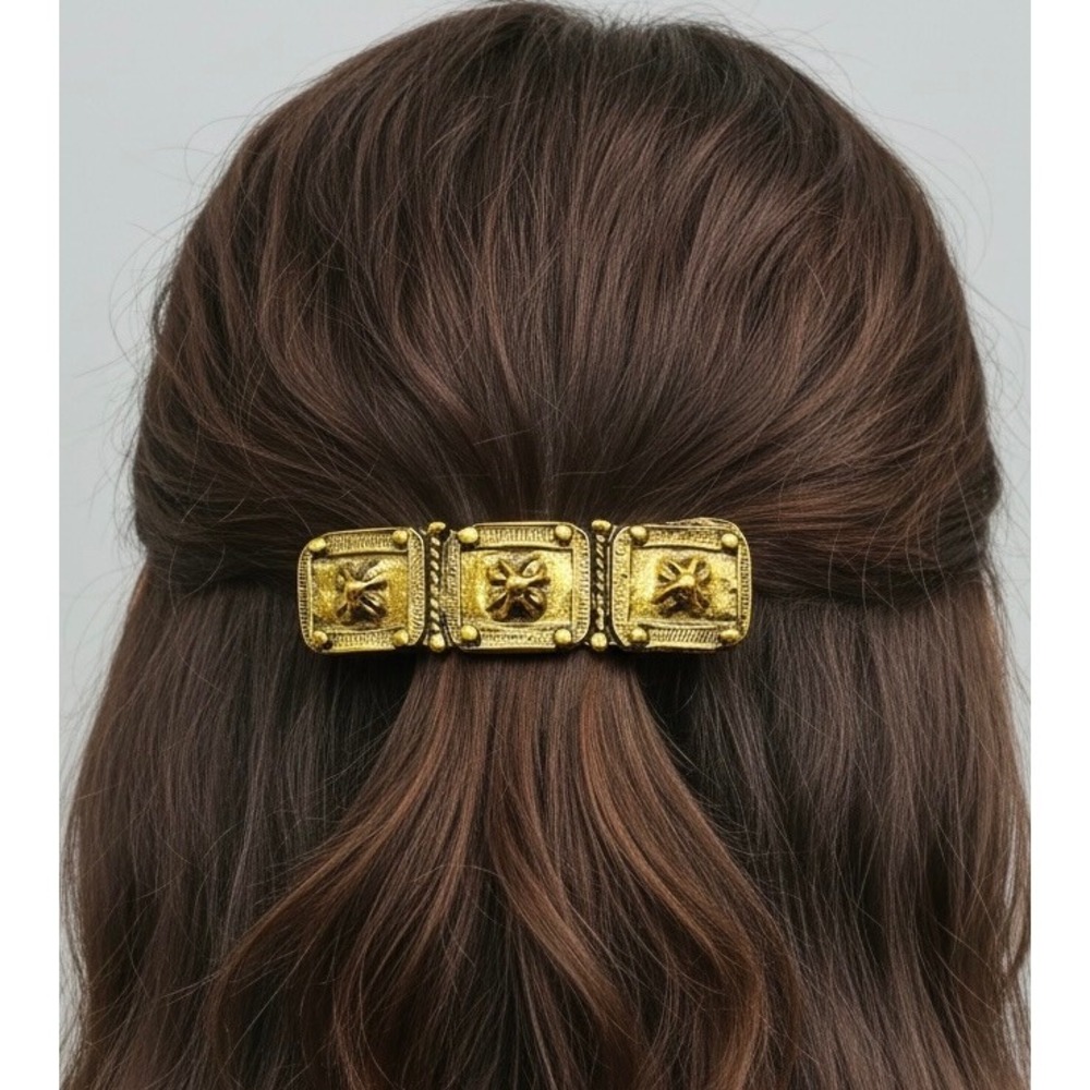 Vintage Made In French Textured Gold Toned Damascene Style Hair Clip Barrette